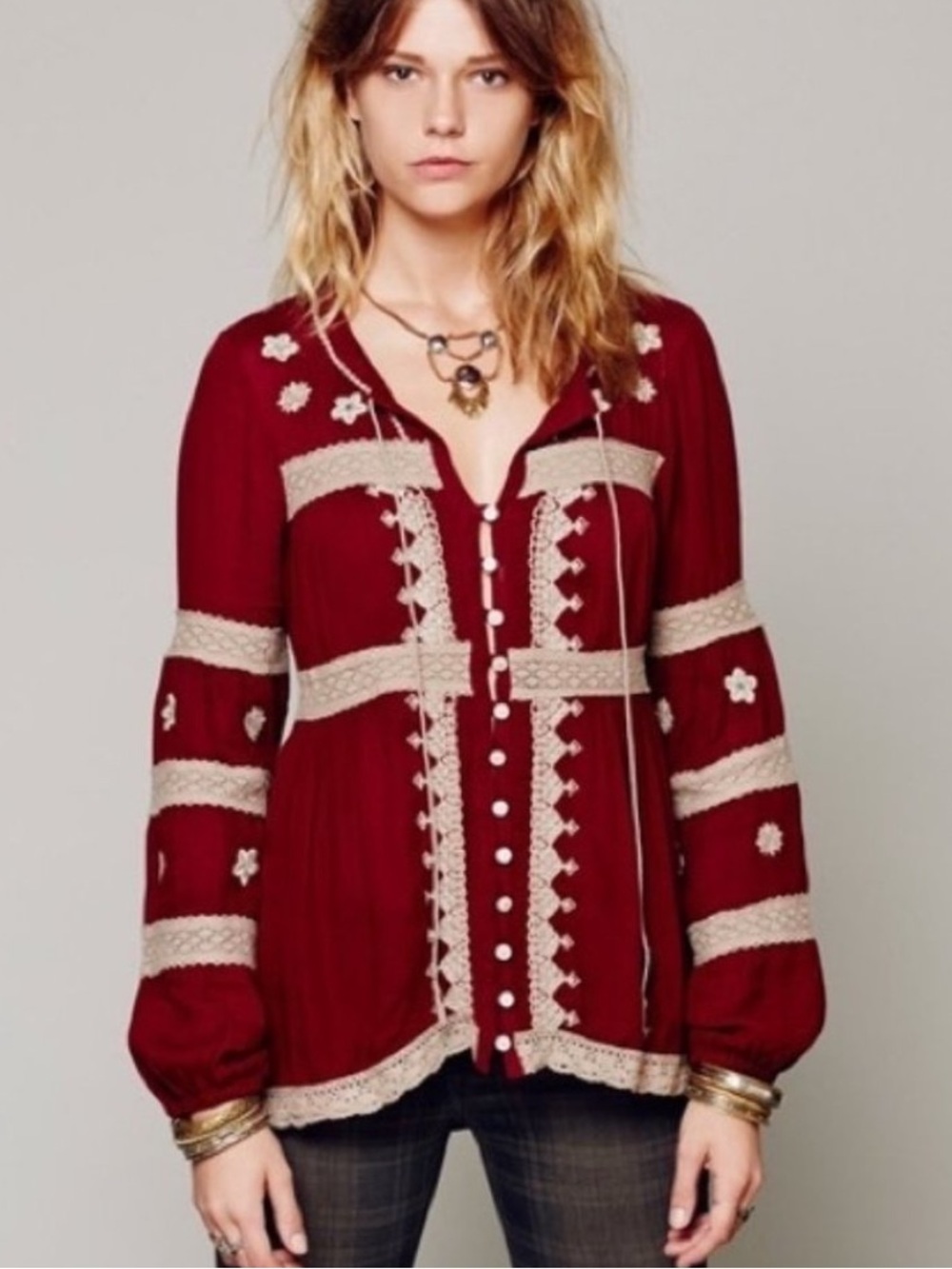 Free People Boho Embroidered crochet lace floral in Deep Red Cream Trim
